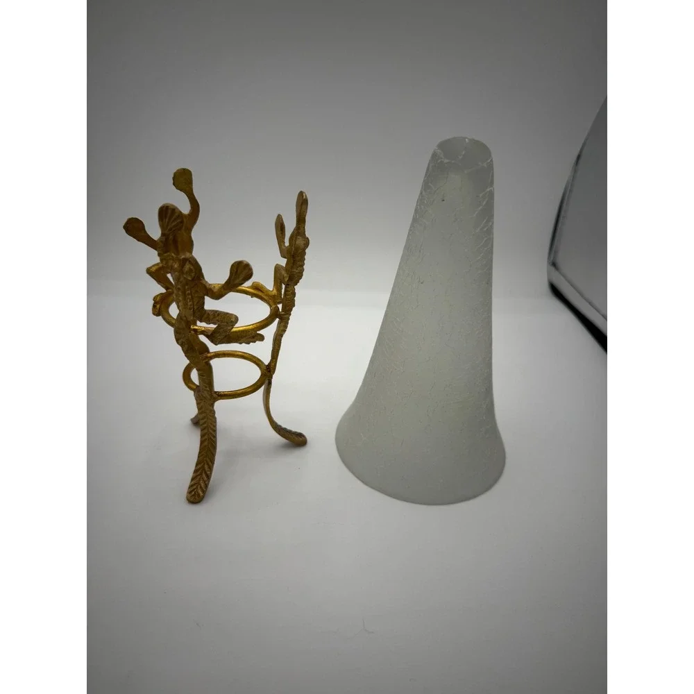 Vintage Crackle Glass Trumpet Vase Brass Frog Tripod Stand Made in India 8